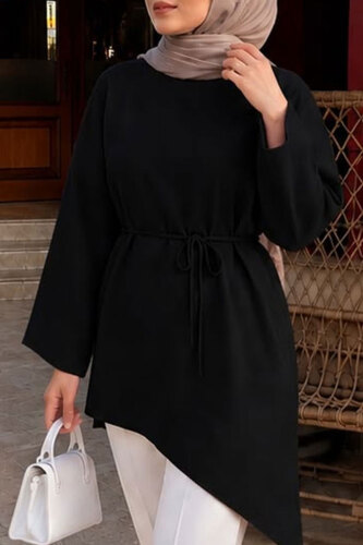 Beli Bağlamalı Asimetrik Kesim Tunik TSD260265 Siyah - 4