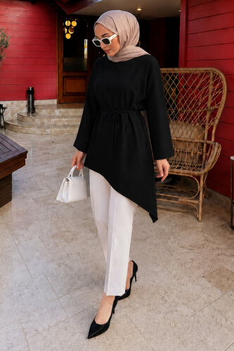 Beli Bağlamalı Asimetrik Kesim Tunik TSD260265 Siyah 