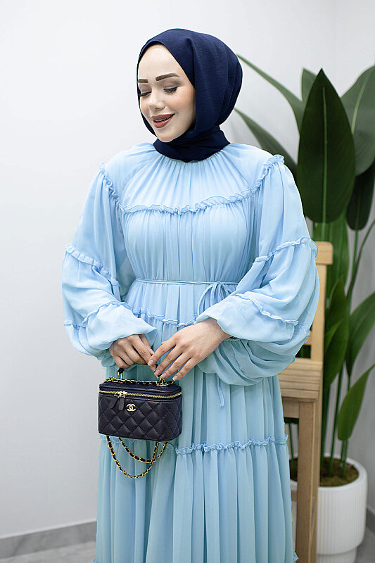 Beli Bağlamalı Fırfırlı Şifon Elbise TSD260142 Bebe Mavisi - 3