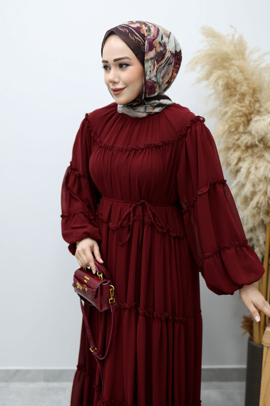 Beli Bağlamalı Fırfırlı Şifon Elbise TSD260142 Bordo - 3