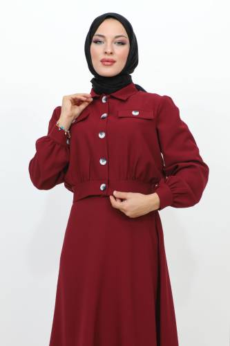 Beli Büzgülü Cepli Etekli Takım TSD231201 Bordo - Tesettür Dünyası (1)