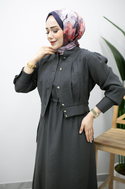 Beli Büzgülü Jile Elbise TSD260214 Füme - 2