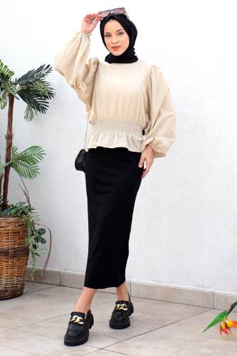 Beli Gipe Lastikli Bluz TSD221203 Bej 