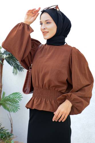 Beli Gipe Lastikli Bluz TSD221203 Kahverengi 
