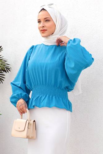 Beli Gipe Lastikli Bluz TSD221203 Mavi 