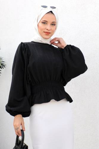 Beli Gipe Lastikli Bluz TSD221203 Siyah - Tesettür Dünyası (1)