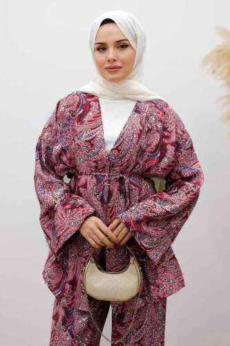 Beli İp Bağlamalı Kimono Takım TSD250265 Bordo - TESETTÜR DÜNYASI (1)