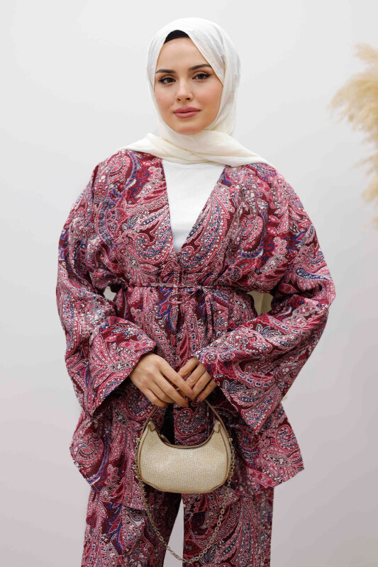 Beli İp Bağlamalı Kimono Takım TSD250265 Bordo - 2