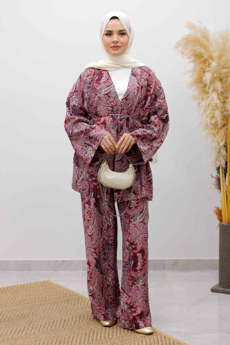 Beli İp Bağlamalı Kimono Takım TSD250265 Bordo 