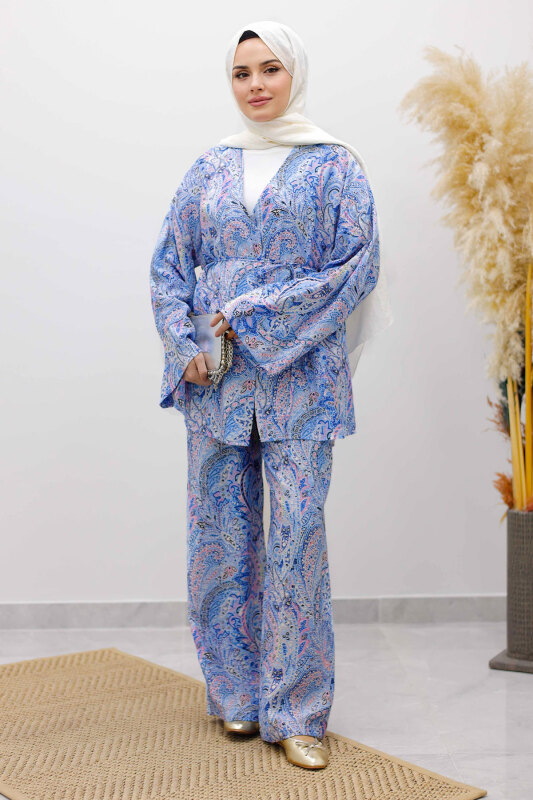 Beli İp Bağlamalı Kimono Takım TSD250265 Mavi - 1