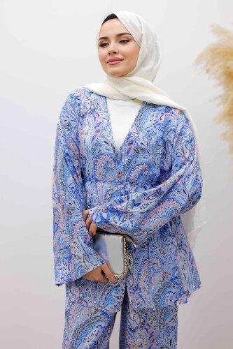 Beli İp Bağlamalı Kimono Takım TSD250265 Mavi - TESETTÜR DÜNYASI (1)