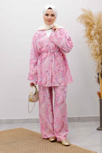 Beli İp Bağlamalı Kimono Takım TSD250265 Pembe - 1