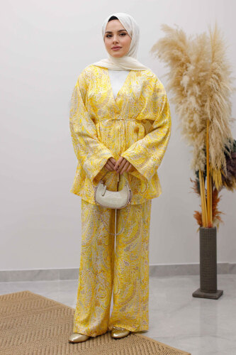 Beli İp Bağlamalı Kimono Takım TSD250265 Sarı - 3