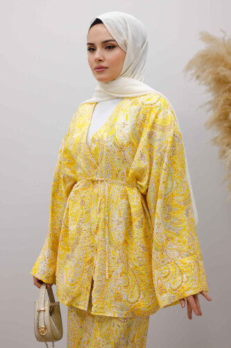 Beli İp Bağlamalı Kimono Takım TSD250265 Sarı - TESETTÜR DÜNYASI (1)