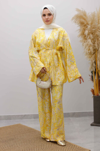 Beli İp Bağlamalı Kimono Takım TSD250265 Sarı - TESETTÜR DÜNYASI