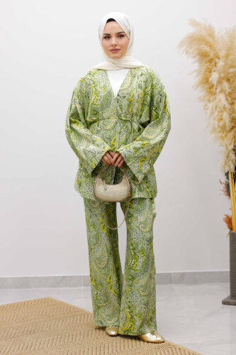 Beli İp Bağlamalı Kimono Takım TSD250265 Yeşil 