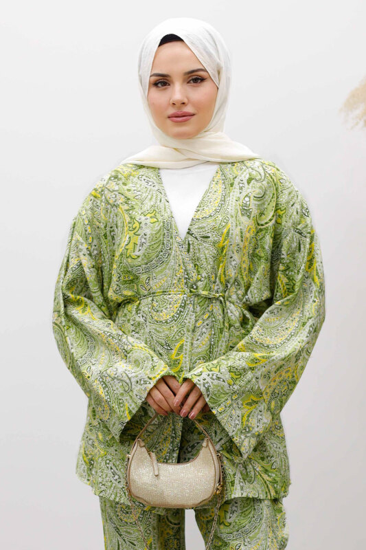 Beli İp Bağlamalı Kimono Takım TSD250265 Yeşil - 2