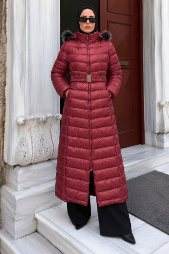 Beli Kemerli Kapüşonlu Uzun Şişme Mont TSD260368 Fuşya 