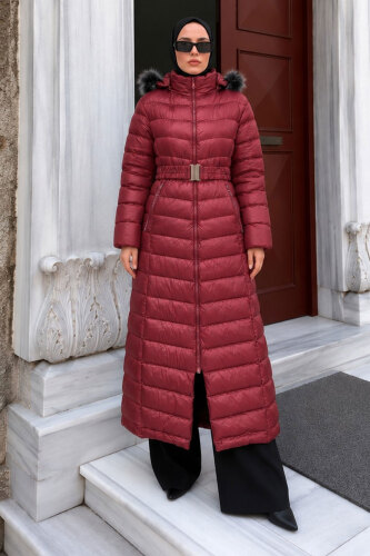 Beli Kemerli Kapüşonlu Uzun Şişme Mont TSD260368 Fuşya - 3