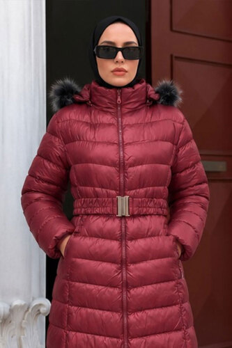 Beli Kemerli Kapüşonlu Uzun Şişme Mont TSD260368 Fuşya - 4