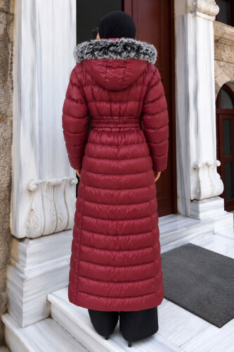 Beli Kemerli Kapüşonlu Uzun Şişme Mont TSD260368 Fuşya - 6