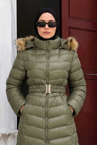 Beli Kemerli Kapüşonlu Uzun Şişme Mont TSD260368 Haki - 3