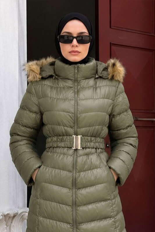 Beli Kemerli Kapüşonlu Uzun Şişme Mont TSD260368 Haki - 3