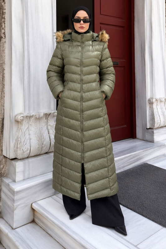 Beli Kemerli Kapüşonlu Uzun Şişme Mont TSD260368 Haki - 4