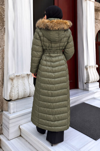 Beli Kemerli Kapüşonlu Uzun Şişme Mont TSD260368 Haki - 6