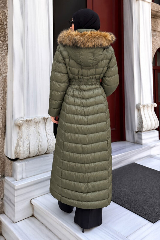 Beli Kemerli Kapüşonlu Uzun Şişme Mont TSD260368 Haki - 6