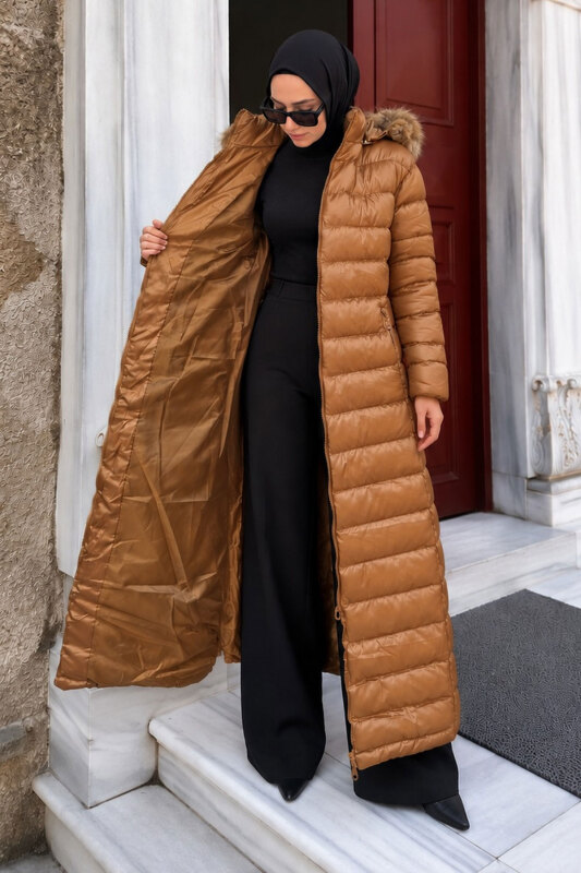 Beli Kemerli Kapüşonlu Uzun Şişme Mont TSD260368 Kahverengi - 5