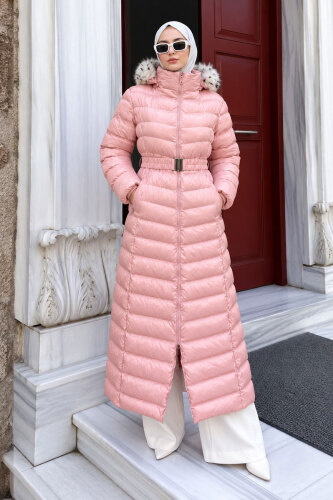 Beli Kemerli Kapüşonlu Uzun Şişme Mont TSD260368 Pembe 