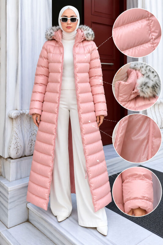 Beli Kemerli Kapüşonlu Uzun Şişme Mont TSD260368 Pembe - Tesettür Dünyası (1)