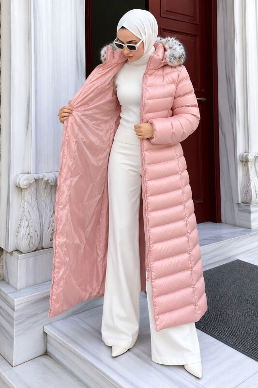 Beli Kemerli Kapüşonlu Uzun Şişme Mont TSD260368 Pembe - 3
