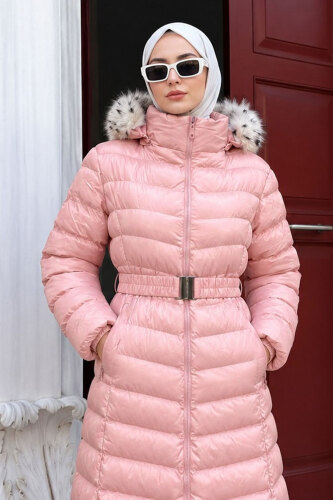 Beli Kemerli Kapüşonlu Uzun Şişme Mont TSD260368 Pembe - 4