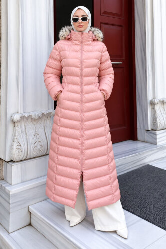 Beli Kemerli Kapüşonlu Uzun Şişme Mont TSD260368 Pembe - 5