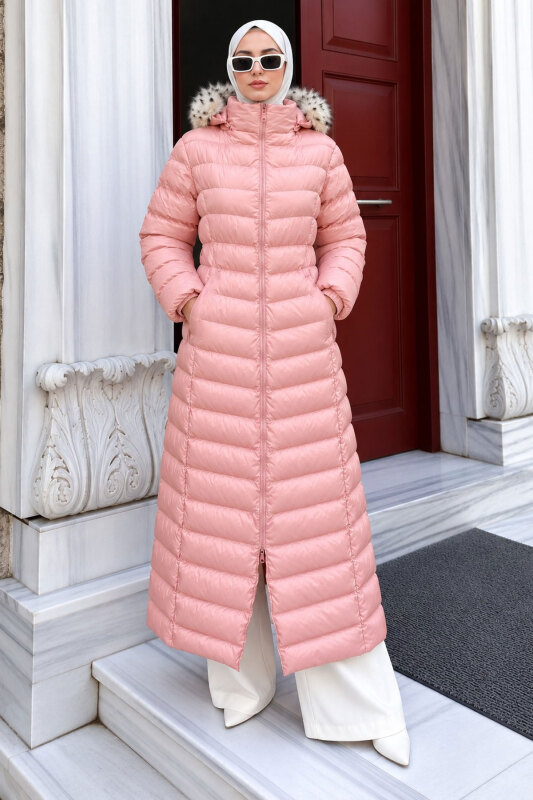 Beli Kemerli Kapüşonlu Uzun Şişme Mont TSD260368 Pembe - 5