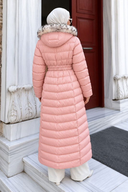 Beli Kemerli Kapüşonlu Uzun Şişme Mont TSD260368 Pembe - 6