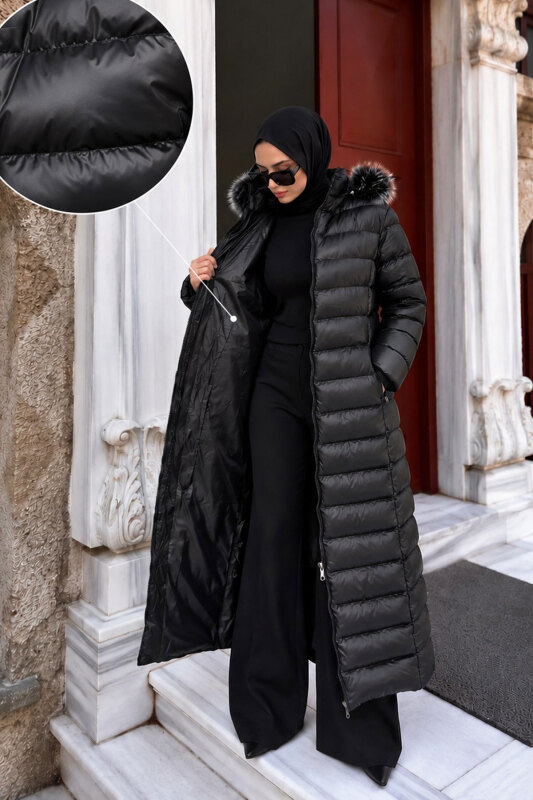 Beli Kemerli Kapüşonlu Uzun Şişme Mont TSD260368 Siyah - Tesettür Dünyası (1)
