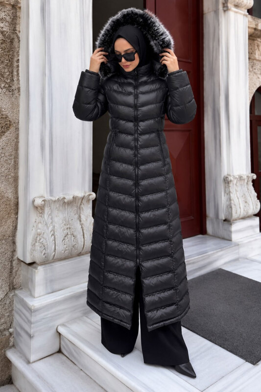Beli Kemerli Kapüşonlu Uzun Şişme Mont TSD260368 Siyah - 4