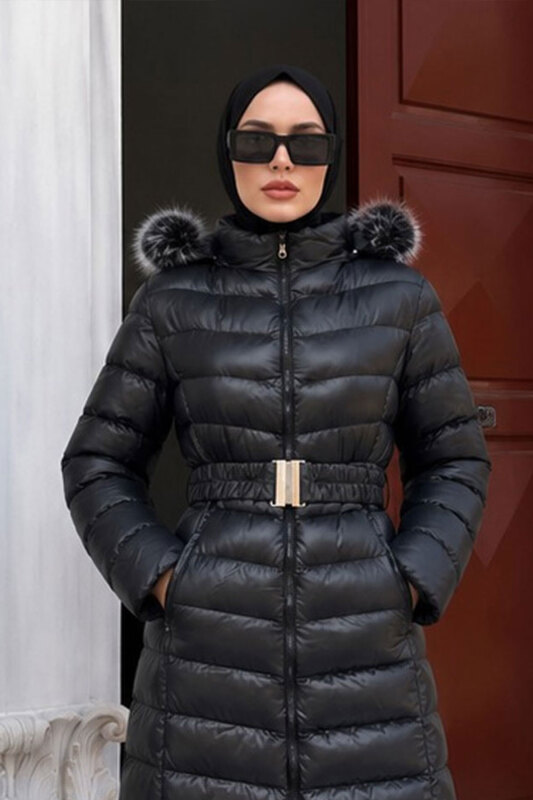 Beli Kemerli Kapüşonlu Uzun Şişme Mont TSD260368 Siyah - 5