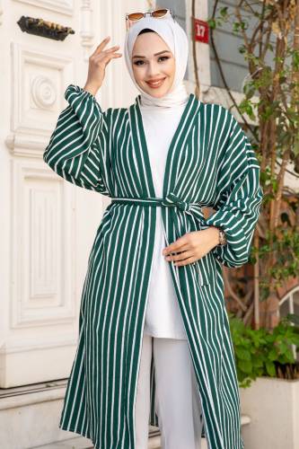 Beli Kuşaklı Düşük Kol Çizgili Kimono TSD240515 Zümrüt Yeşili - Tesettür Dünyası (1)
