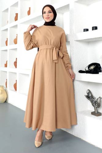 Beli Kuşaklı Elbise TSD220313 Camel 