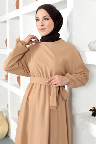 Beli Kuşaklı Elbise TSD220313 Camel - Tesettür Dünyası (1)