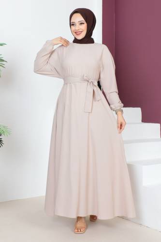 Beli Kuşaklı Elbise TSD230611 Bej 