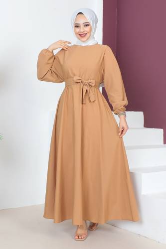 Beli Kuşaklı Elbise TSD230611 Camel 