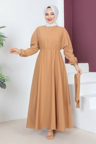 Beli Kuşaklı Elbise TSD230611 Camel - 3