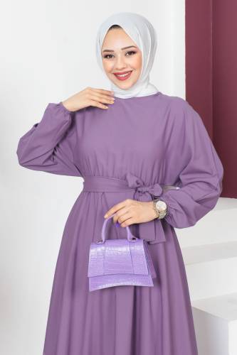 Beli Kuşaklı Elbise TSD230611 Lila - Tesettür Dünyası (1)