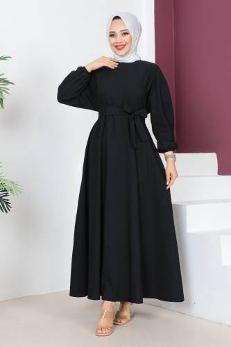 Beli Kuşaklı Elbise TSD230611 Siyah 