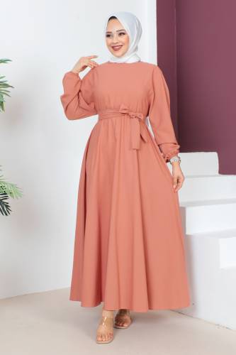 Beli Kuşaklı Elbise TSD230611 Somon 
